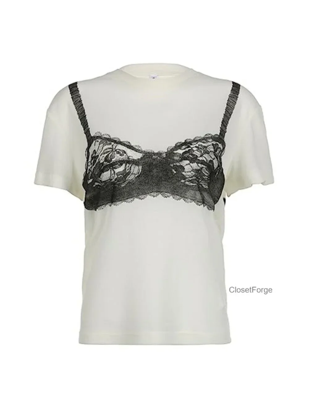 Y2K Lace See-Through Corset Print White Loose Fit Crop Top Tee